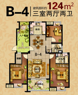 溧阳奥体国际花园B-4户型:三室两厅两卫 建筑面积:124㎡